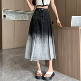 Waist Gradient Pleated WomenDenim Long For Spring Summer Casual Blue Jeans Pockets New Skirt